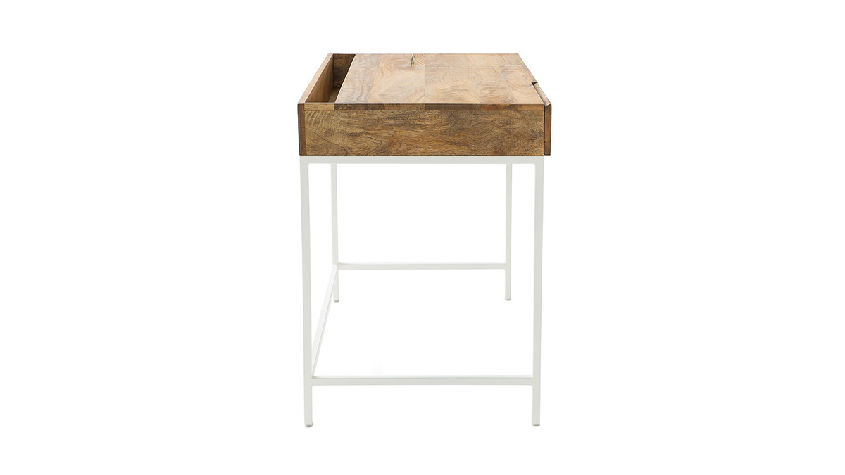 Bureau avec rangements bois clair manguier massif et mtal blanc L118 cm BOHO