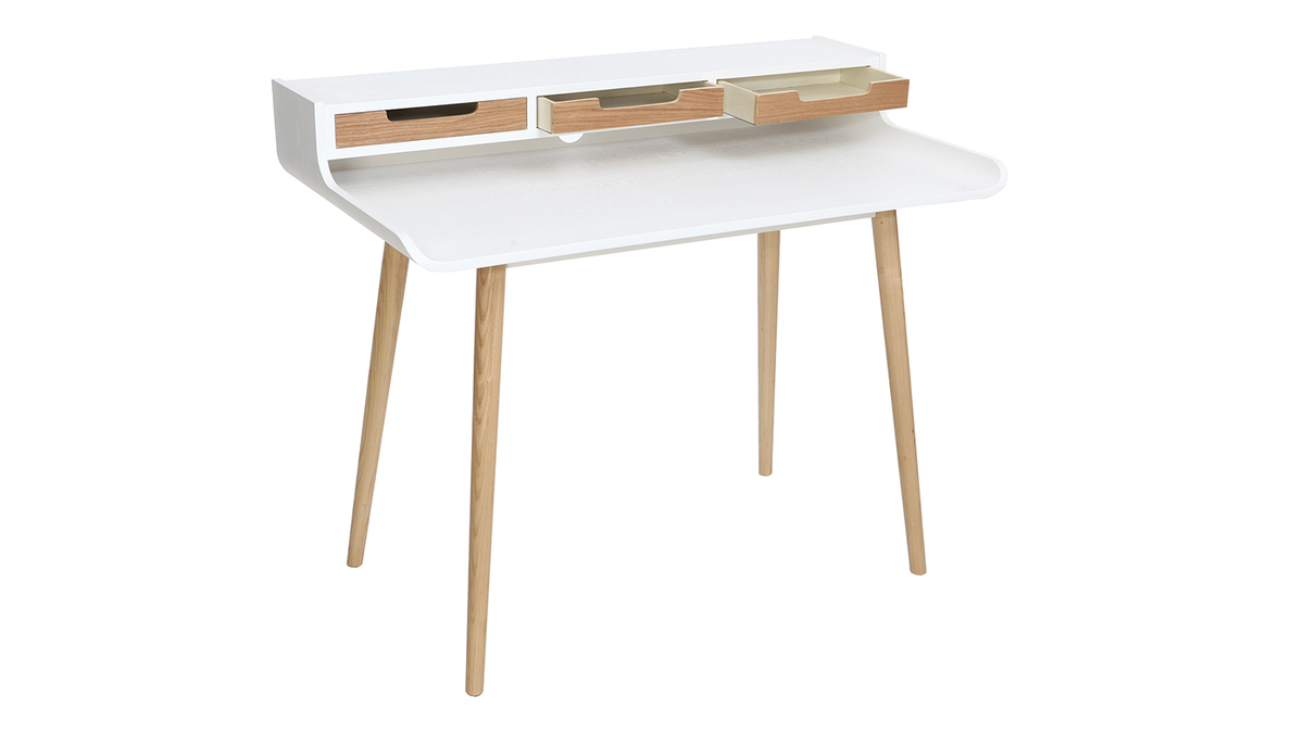 Bureau avec rangements scandinave bois clair et blanc L110 cm OPUS