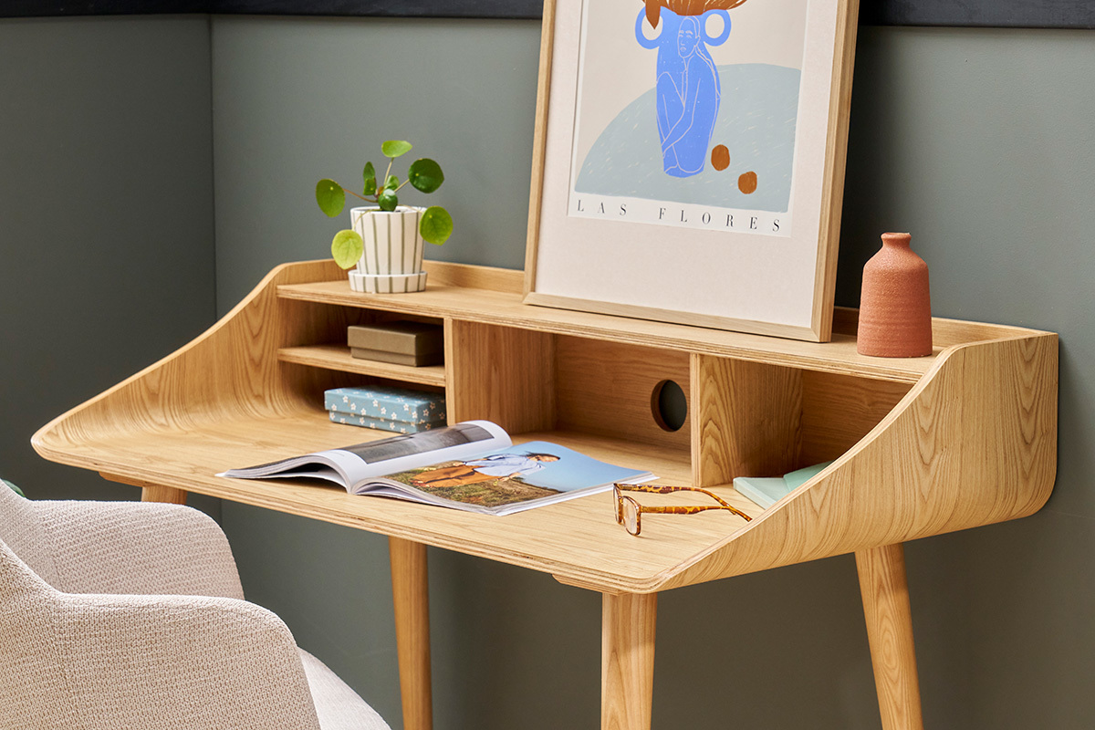 Bureau avec rangements vintage bois clair L120 cm NORDECO