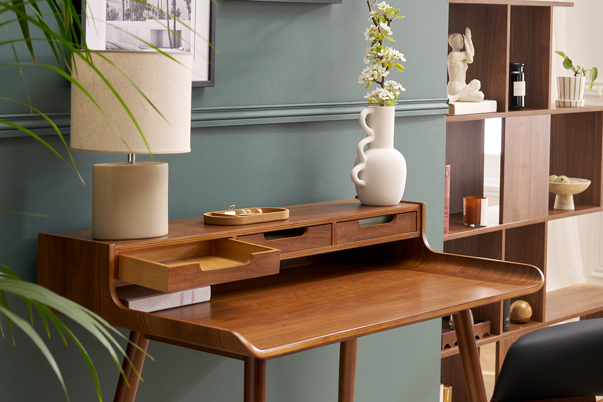 Bureau avec rangements vintage bois fonc noyer L110 cm OPUS