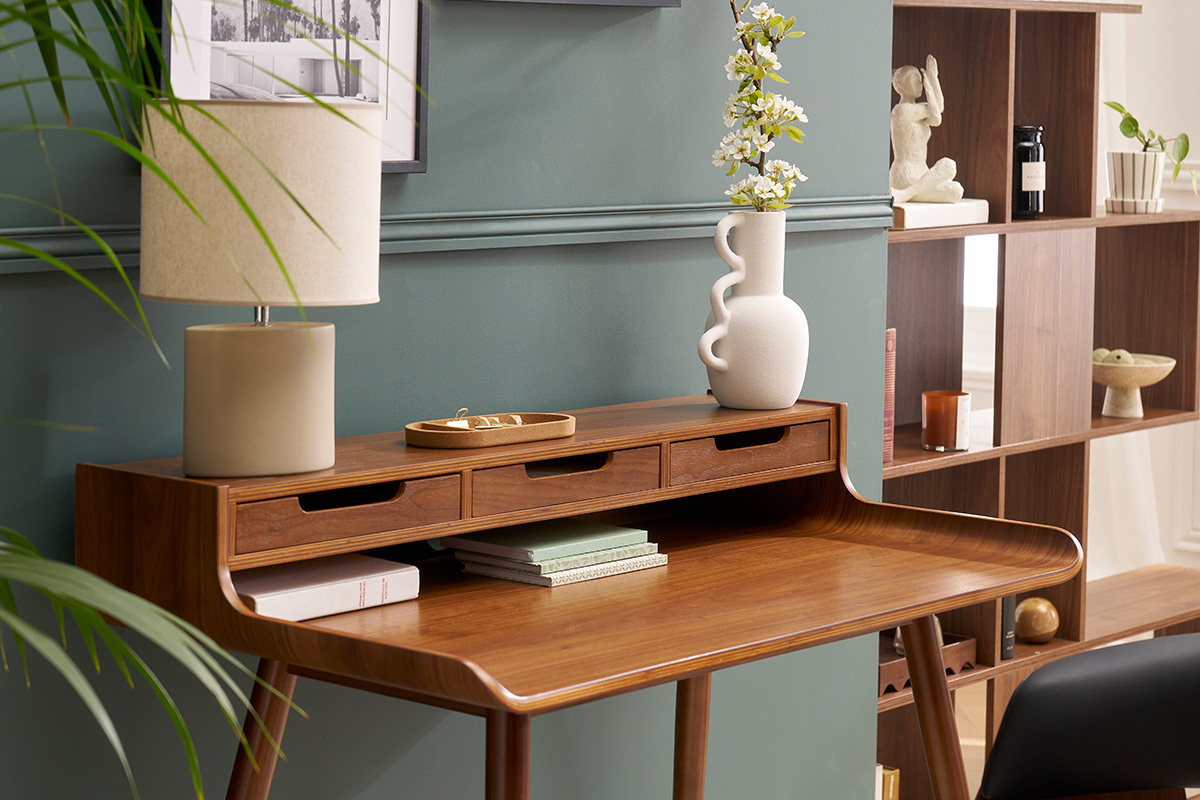 Bureau avec rangements vintage bois fonc noyer L110 cm OPUS