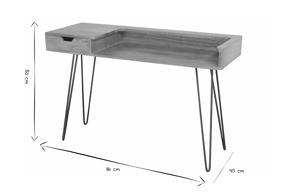 Bureau avec tiroir bois manguier massif et mtal noir L116 cm VIBES