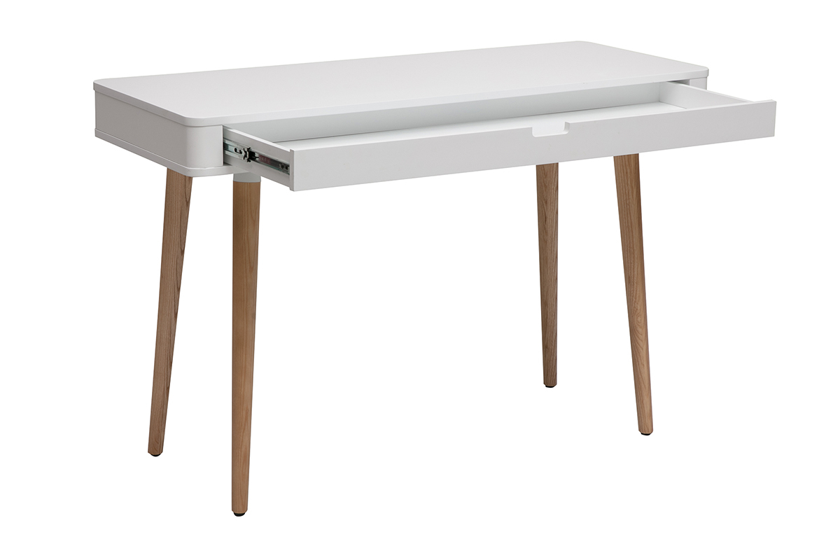 Bureau avec tiroir scandinave blanc et bois clair ch�ne L115 cm TOTEM