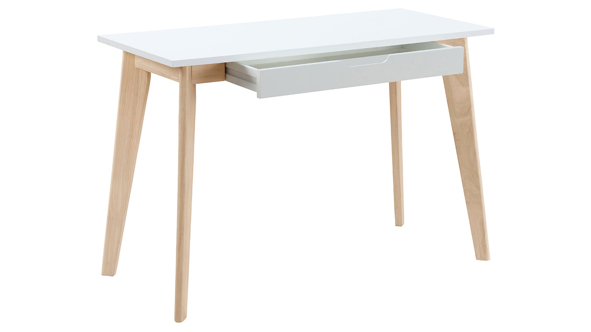 Bureau avec tiroir scandinave blanc et bois clair L110 cm LEENA