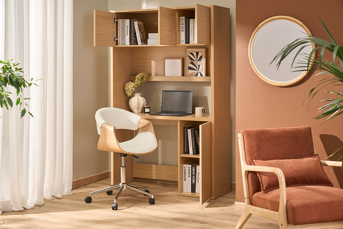 Bureau biblioth�que avec rangements finition bois clair ch�ne L115 cm WISSEM
