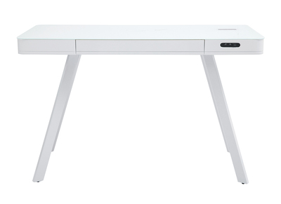 Bureau connect&eacute; multim&eacute;dia avec tiroir en verre et m&eacute;tal blanc L120 cm CLEVER