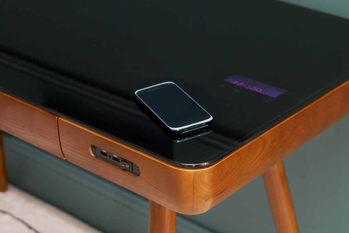Bureau connect multimdia avec tiroir en verre noir et bois fonc noyer L120 cm CLEVER