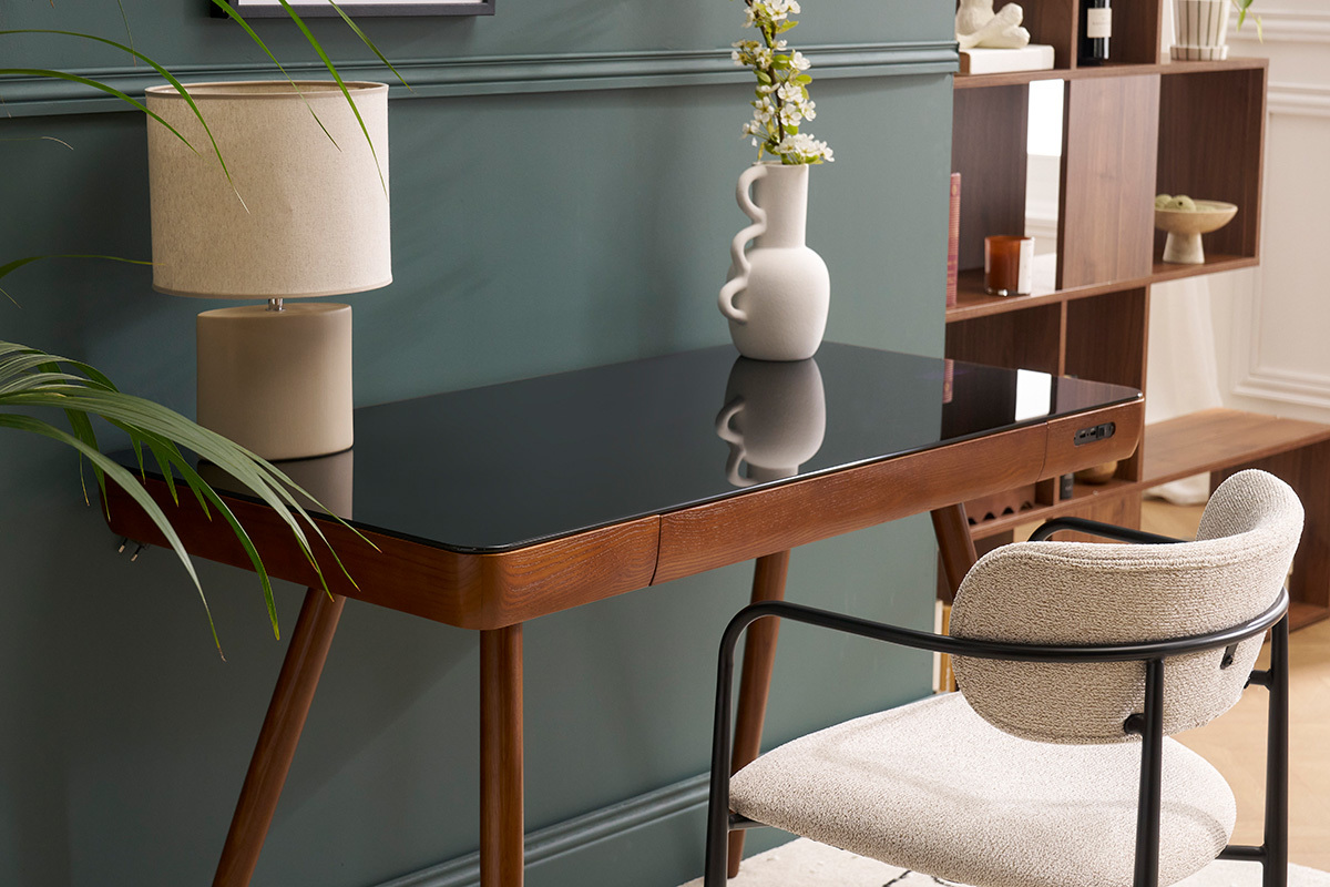 Bureau connect multimdia avec tiroir en verre noir et bois fonc noyer L120 cm CLEVER