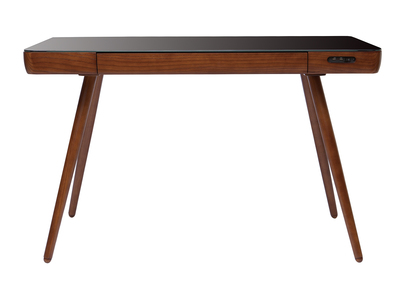Bureau connecté multimédia avec tiroir en verre noir et bois foncé noyer L120 cm CLEVER