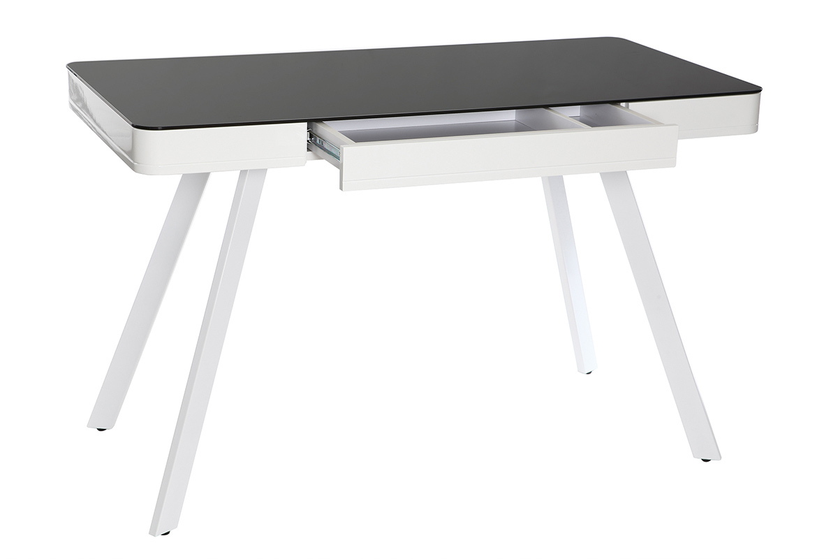 Bureau connect� multim�dia en verre noir et m�tal blanc CLEVER
