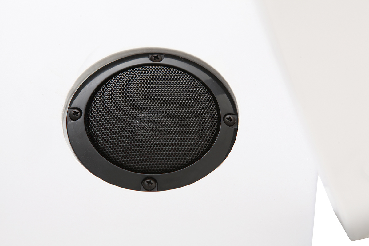 Bureau connect� multim�dia en verre noir et m�tal blanc CLEVER