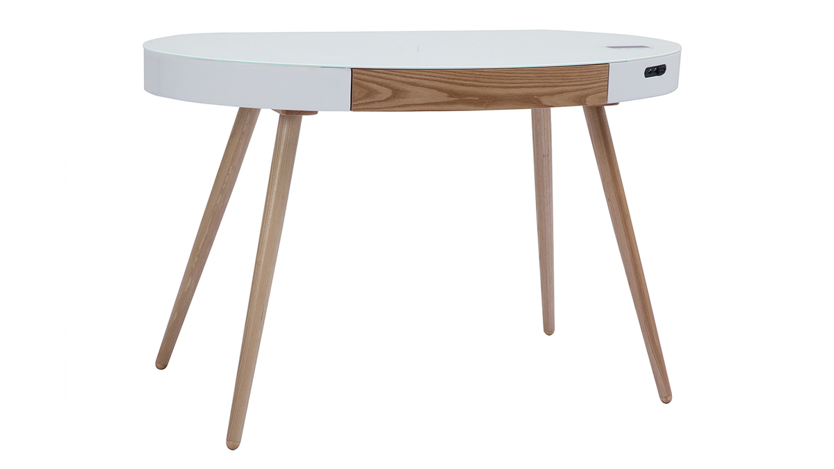 Bureau connect multimdia verre blanc et bois clair L120 cm HANDY