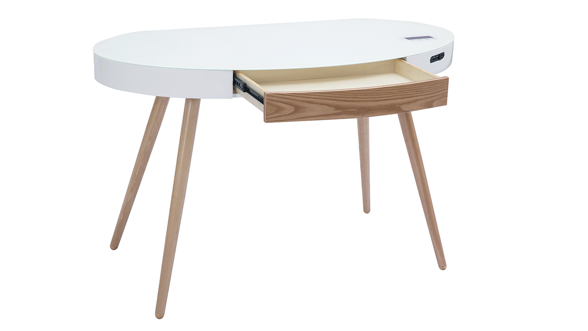 Bureau connect multimdia verre blanc et bois clair L120 cm HANDY