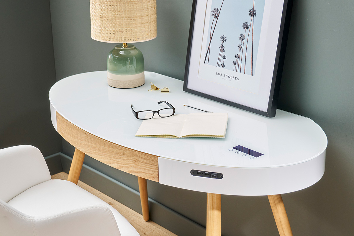 Bureau connect multimdia verre blanc et bois clair L120 cm HANDY