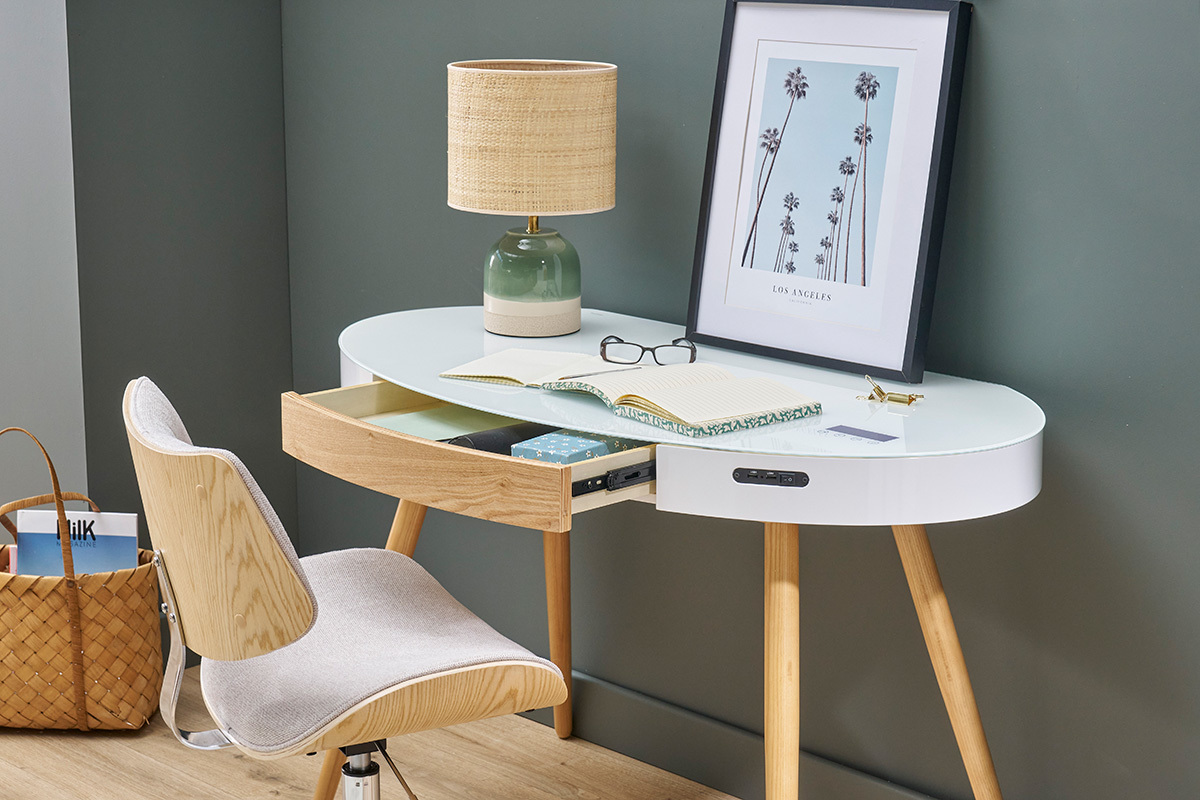 Bureau connect multimdia verre blanc et bois clair L120 cm HANDY