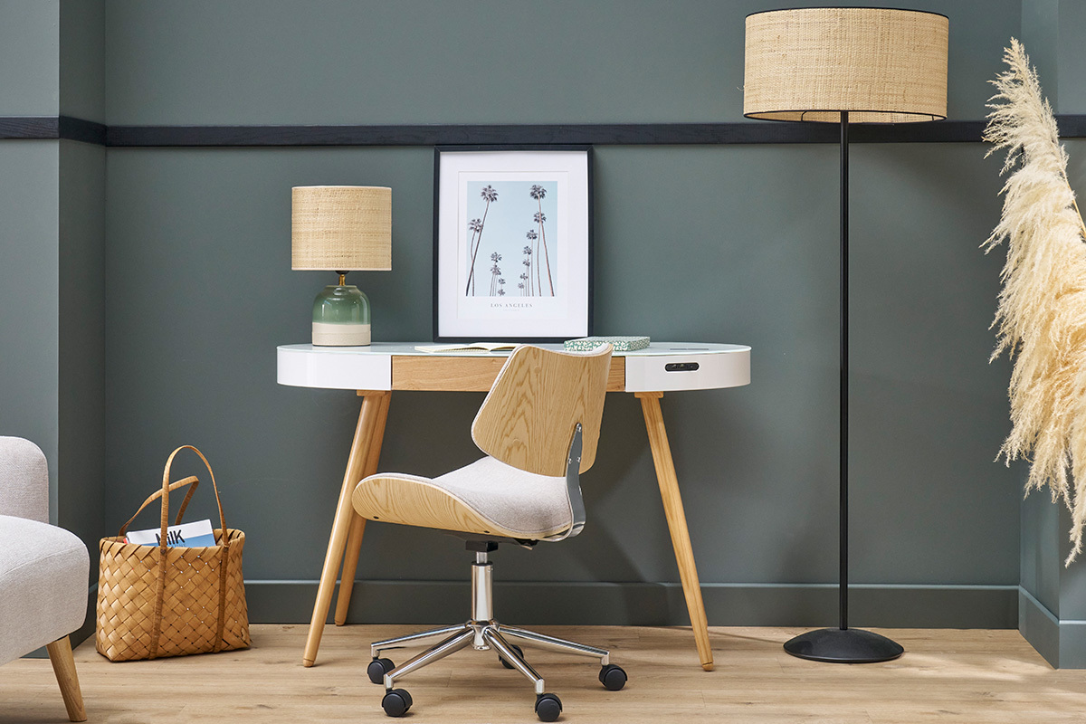 Bureau connect multimdia verre blanc et bois clair L120 cm HANDY