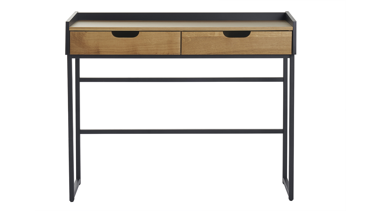 Bureau console avec rangements 2 tiroirs bois chêne clair et métal noir  L100 cm RIZZ - Miliboo