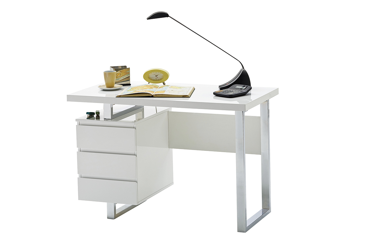Bureau design avec rangements blanc laqu� brillant L115 cm KANY