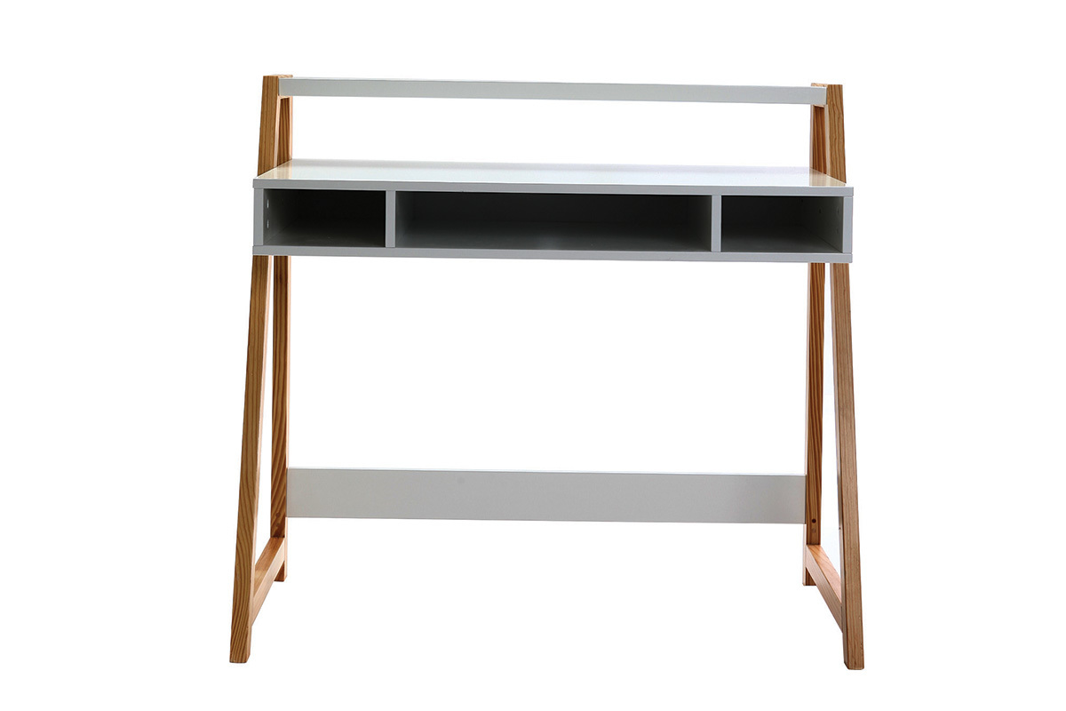 Bureau design laqu� blanc mat et bois STOKA