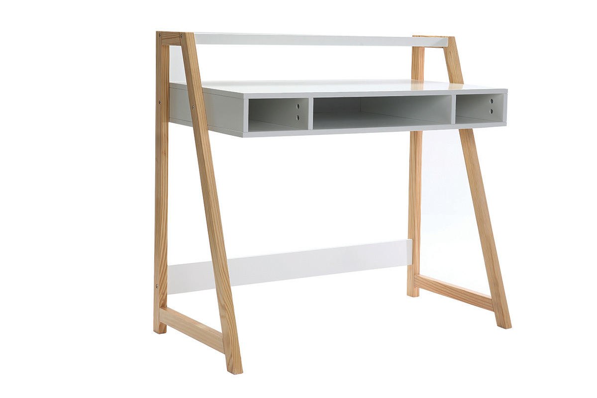 Bureau design laqu� blanc mat et bois STOKA