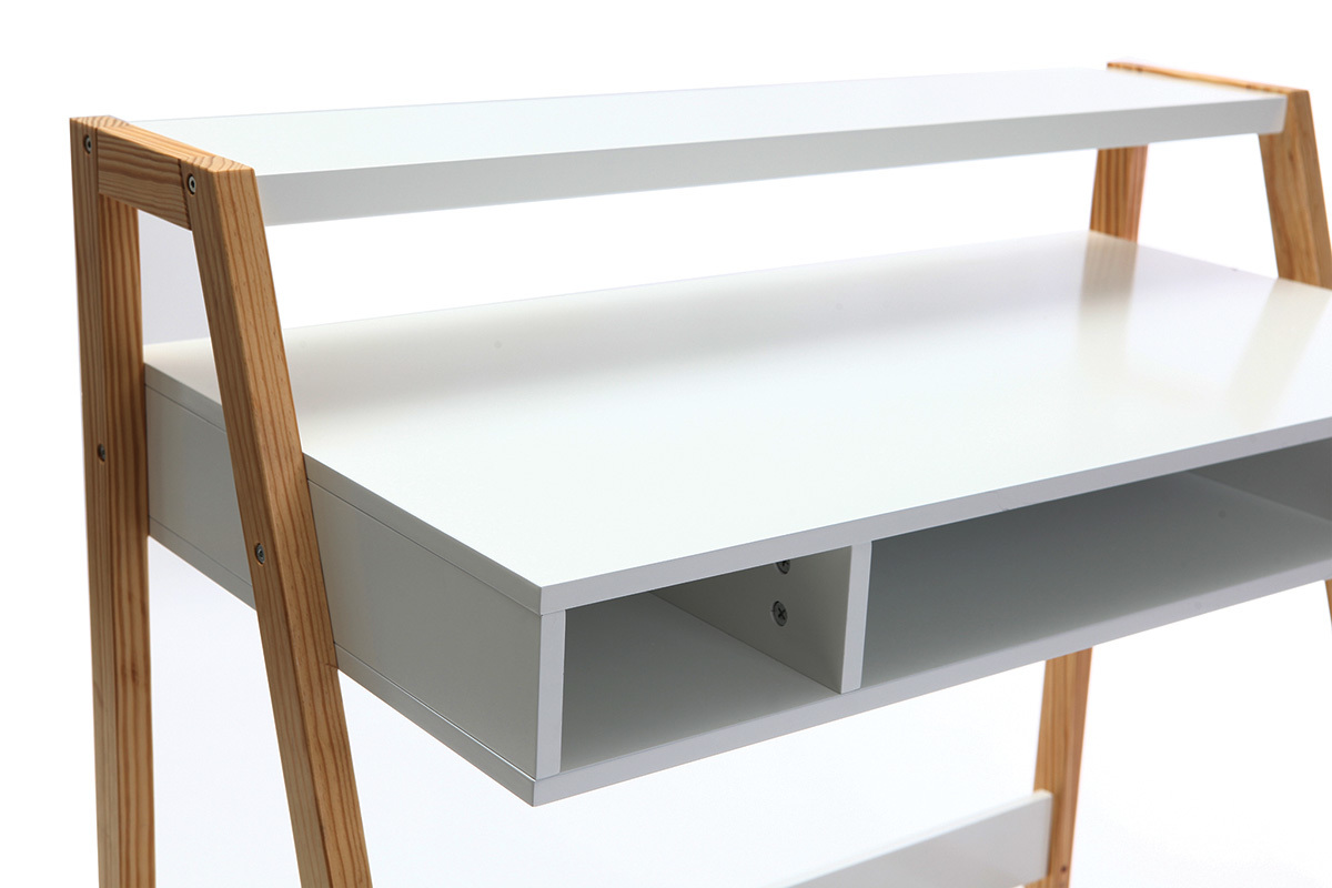 Bureau design laqu� blanc mat et bois STOKA