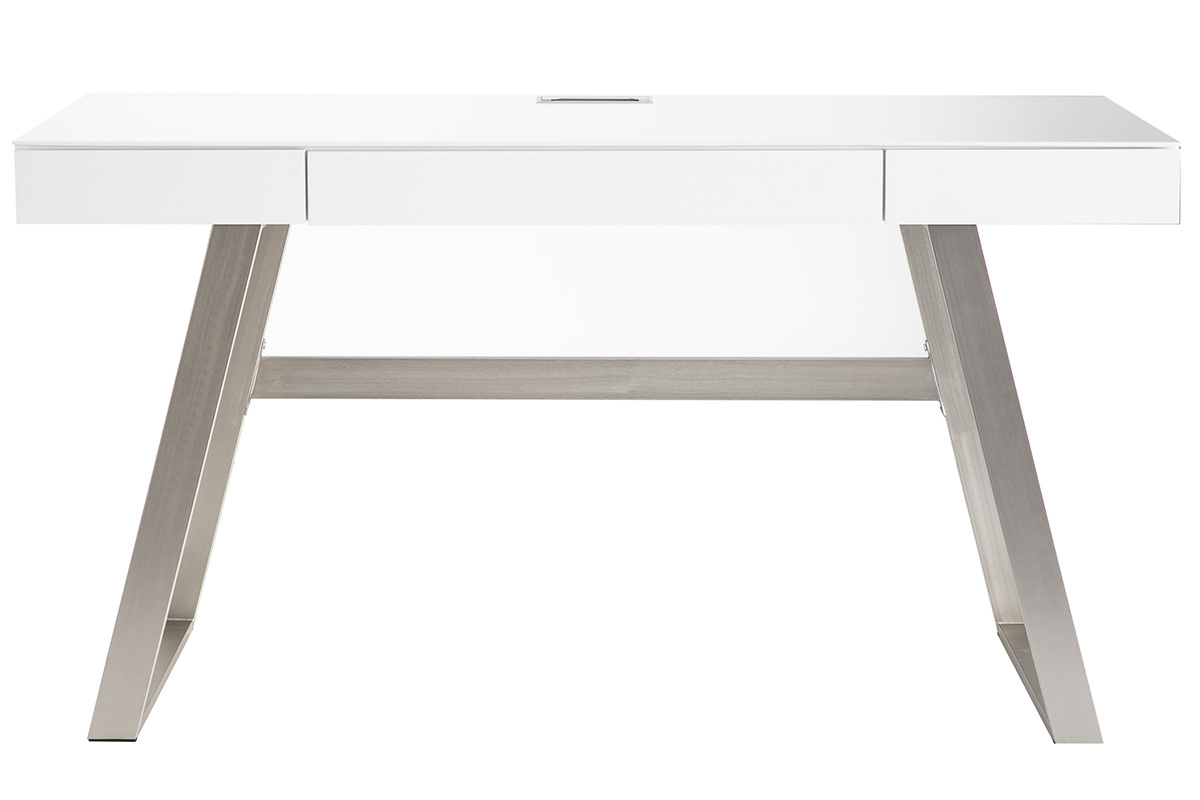 Bureau design laqu� blanc pieds m�tal 140 cm MANA