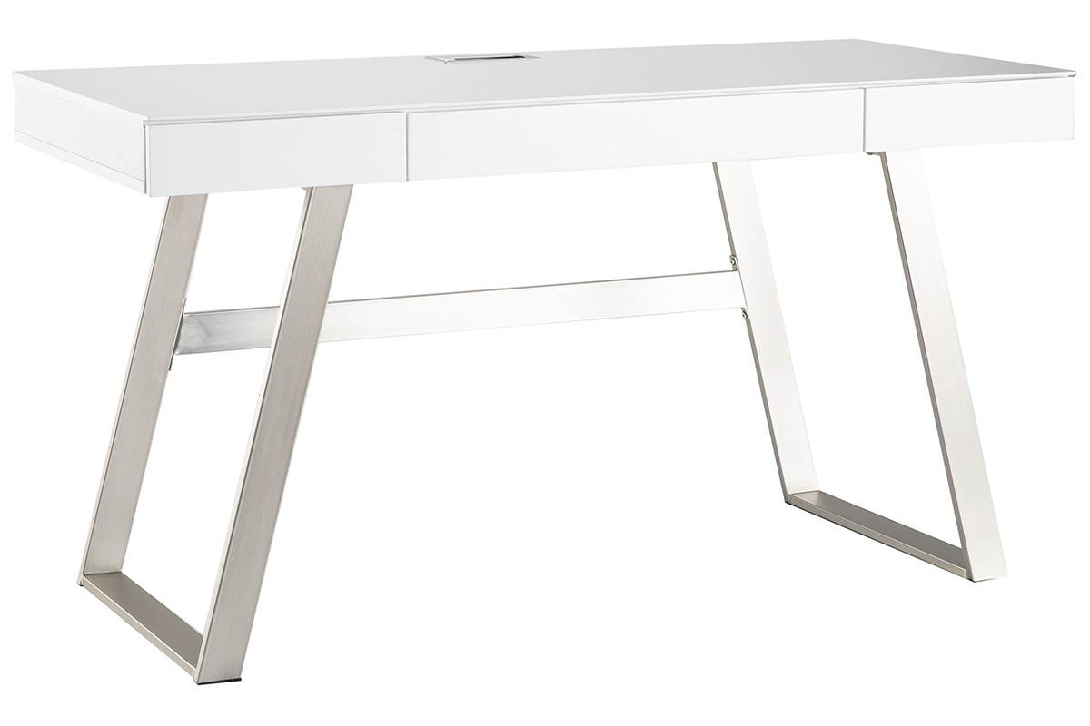 Bureau design laqu� blanc pieds m�tal 140 cm MANA