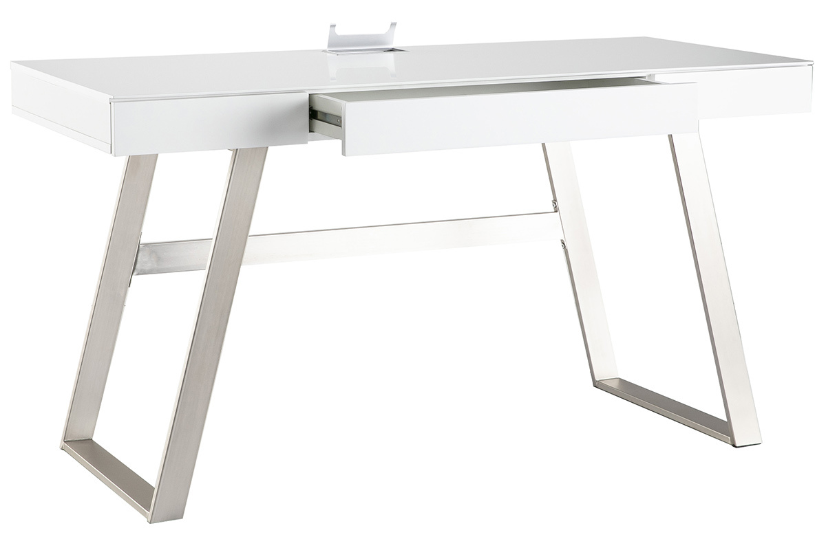 Bureau design laqu� blanc pieds m�tal 140 cm MANA