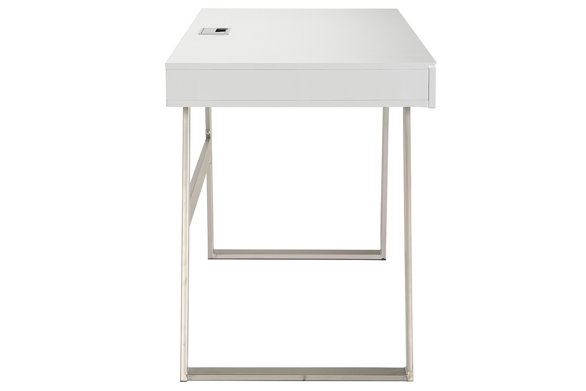 Bureau design laqu� blanc pieds m�tal 140 cm MANA