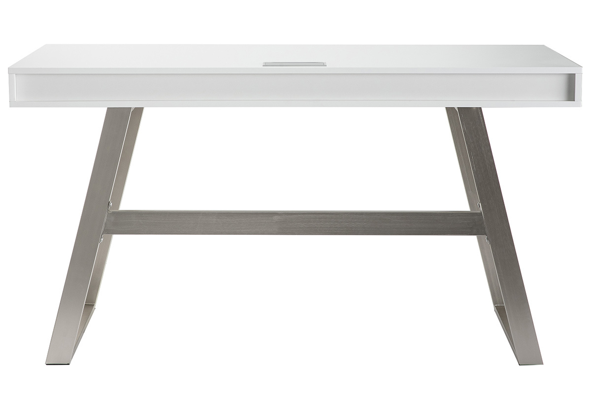 Bureau design laqu� blanc pieds m�tal 140 cm MANA