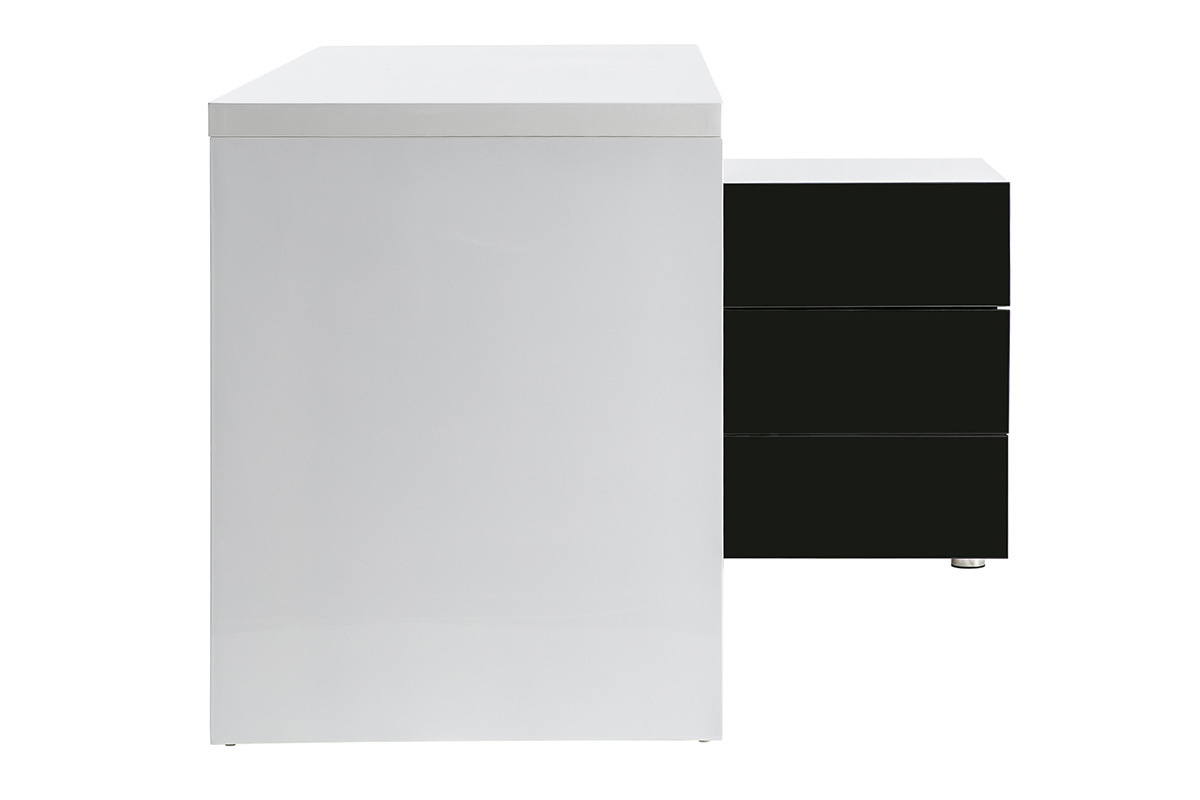 Bureau design laqu brillant blanc et noir avec rangements  droite MAXI