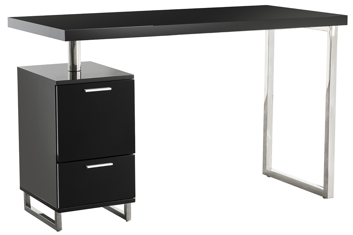 Bureau design laqu brillant noir 2 tiroirs LEXI