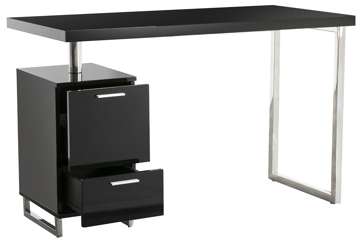 Bureau design laqu brillant noir 2 tiroirs LEXI