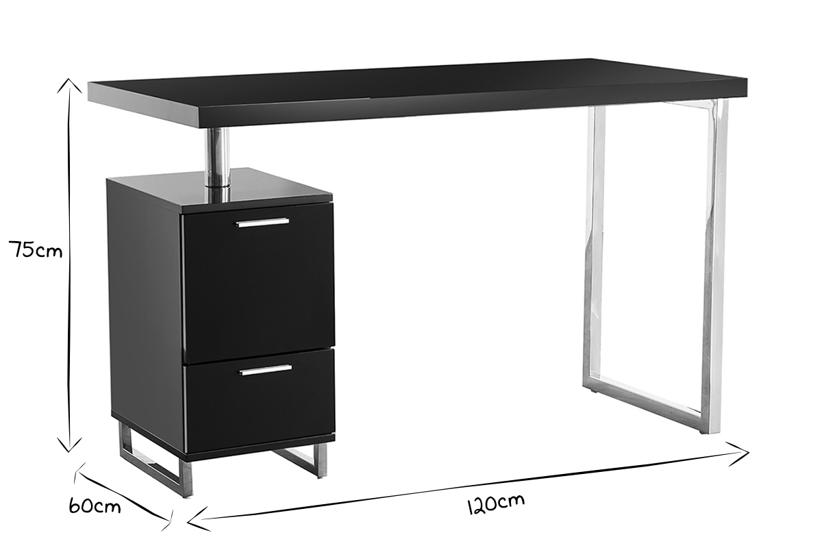 Bureau design laqu brillant noir 2 tiroirs LEXI