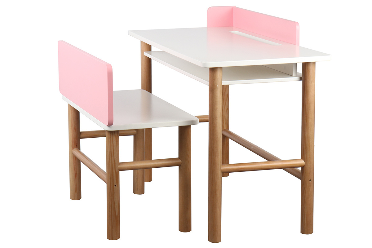 Bureau enfant avec banc rose et bois clair BERTY