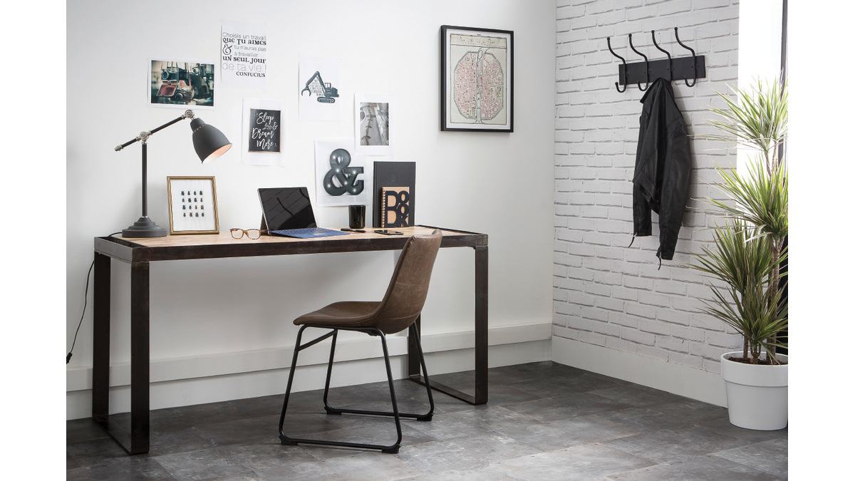 Bureau industriel bois clair manguier massif et mtal noir L153 cm INDUSTRIA