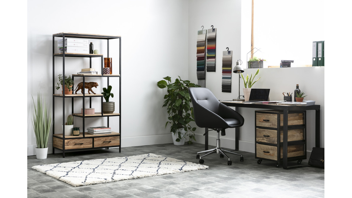 Bureau industriel bois clair manguier massif et mtal noir L153 cm INDUSTRIA