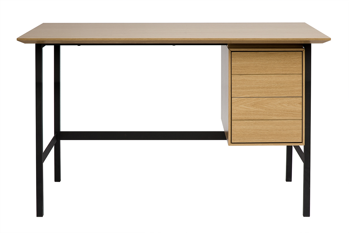 Bureau industriel finition bois chne et mtal noir avec rangements 2 tiroirs L120 cm MAXENCE