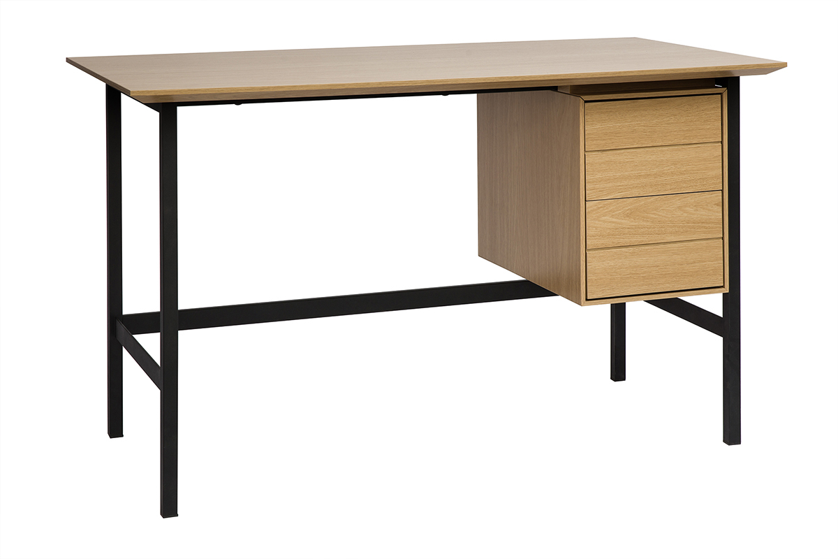 Bureau industriel finition bois chne et mtal noir avec rangements 2 tiroirs L120 cm MAXENCE