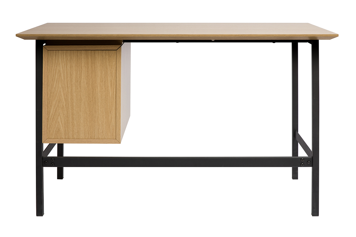 Bureau industriel finition bois chne et mtal noir avec rangements 2 tiroirs L120 cm MAXENCE
