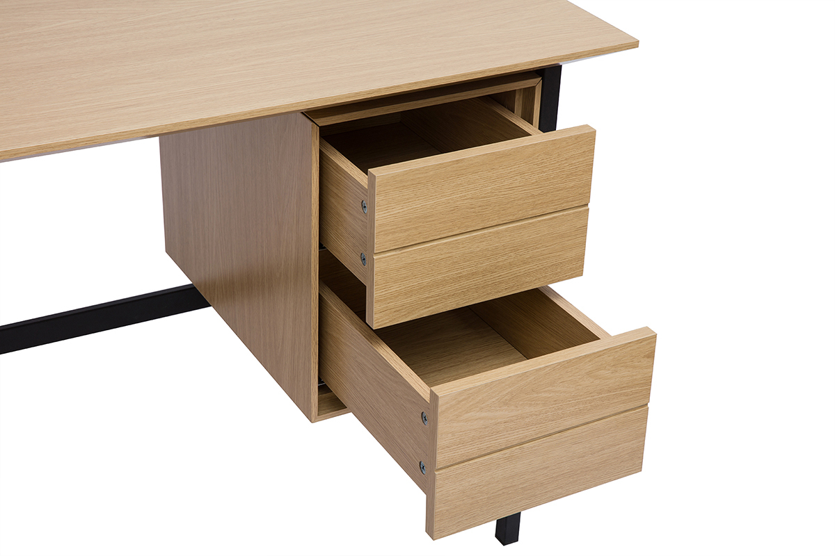 Bureau industriel finition bois chne et mtal noir avec rangements 2 tiroirs L120 cm MAXENCE