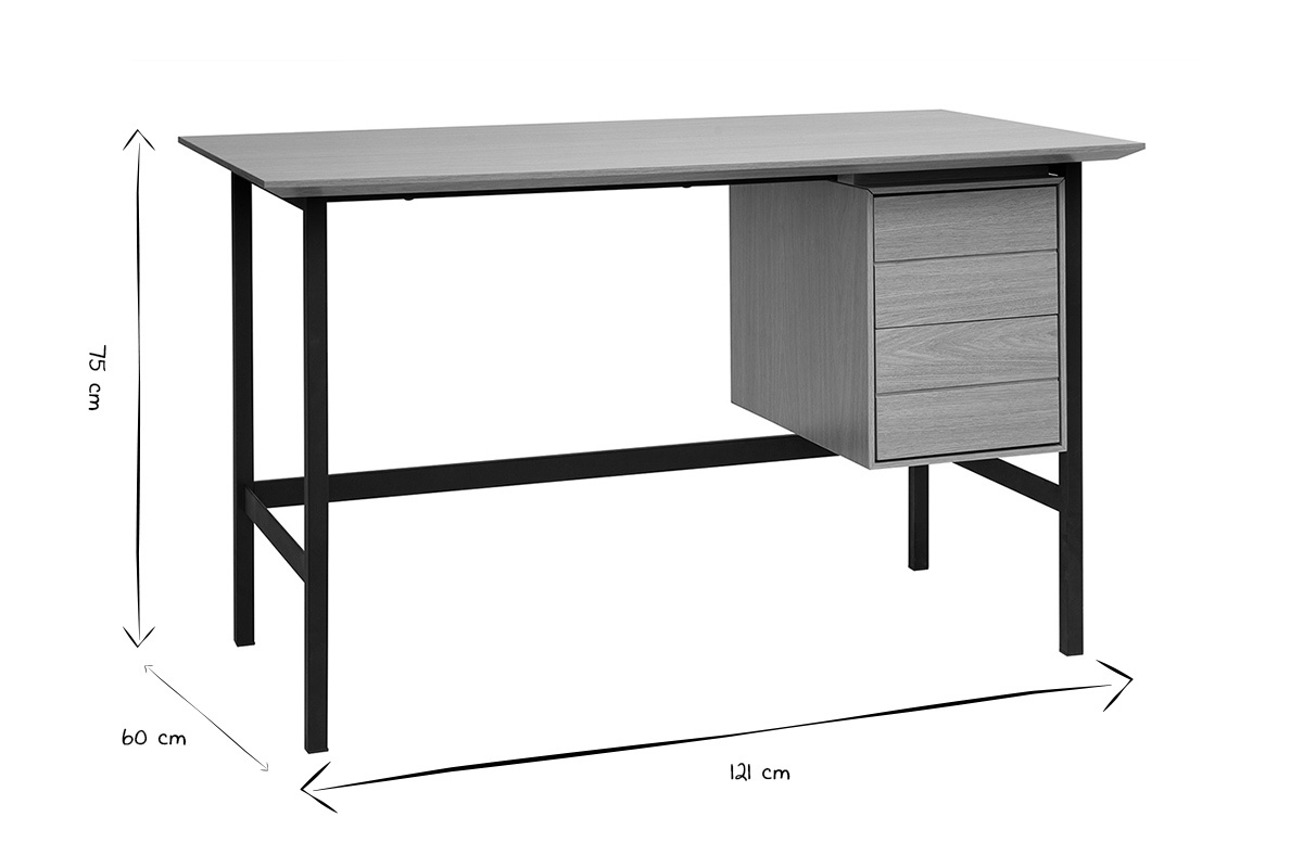 Bureau industriel finition bois chne et mtal noir avec rangements 2 tiroirs L120 cm MAXENCE