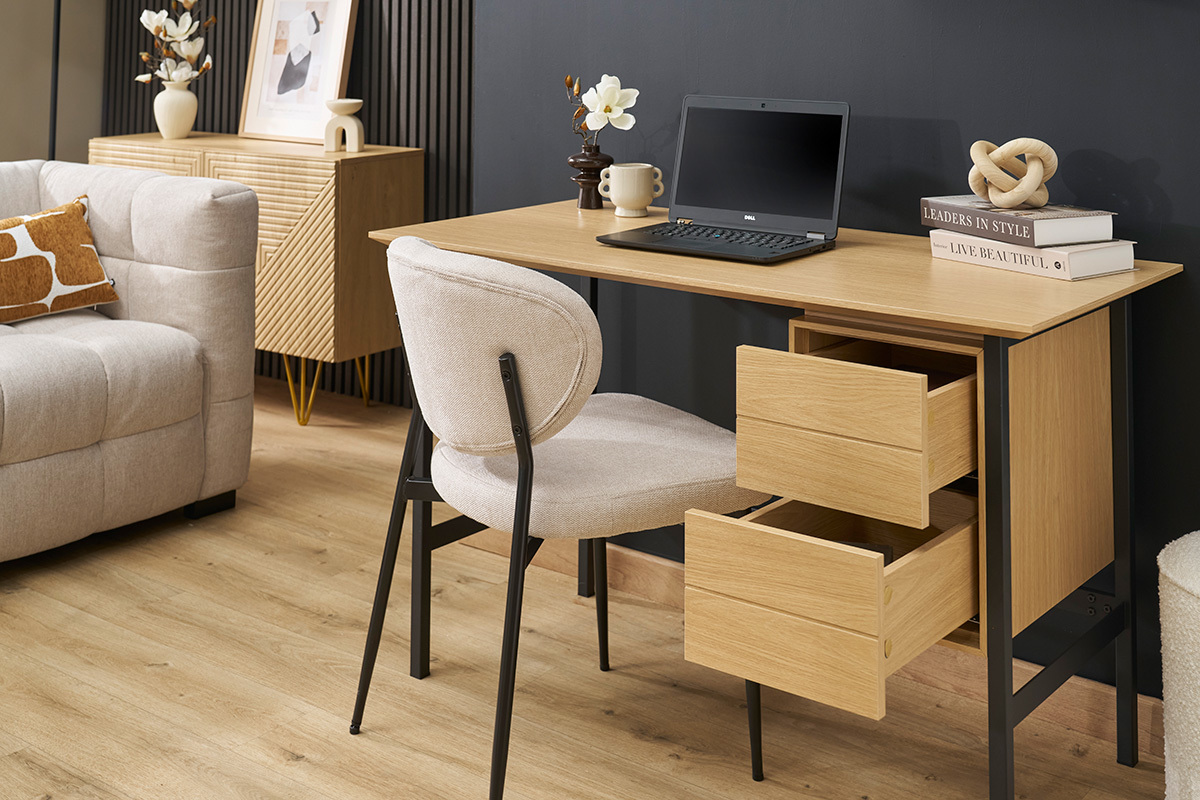 Bureau industriel finition bois chne et mtal noir avec rangements 2 tiroirs L120 cm MAXENCE