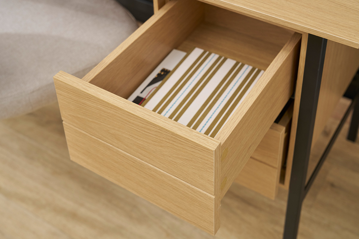 Bureau industriel finition bois chne et mtal noir avec rangements 2 tiroirs L120 cm MAXENCE