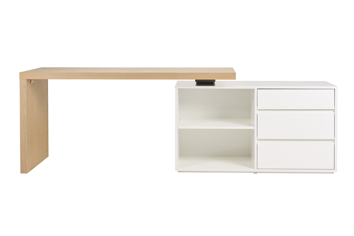 Bureau modulable design blanc brillant et bois clair fr�ne L160-235 cm NEW MAX