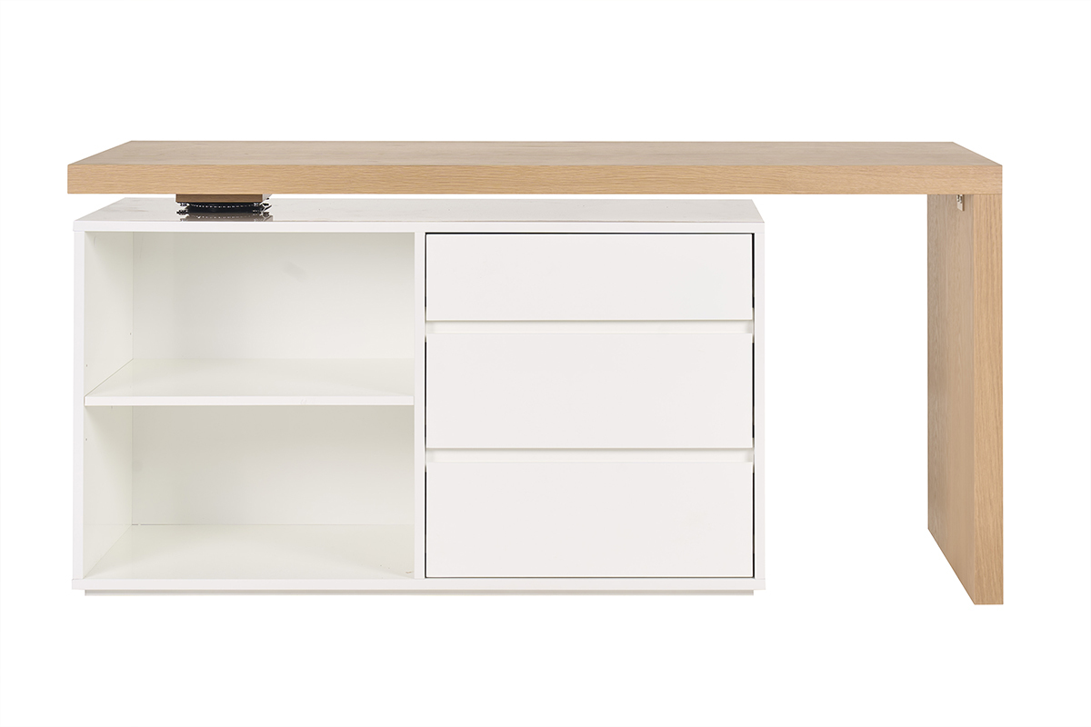 Bureau modulable design blanc brillant et bois clair fr�ne L160-235 cm NEW MAX