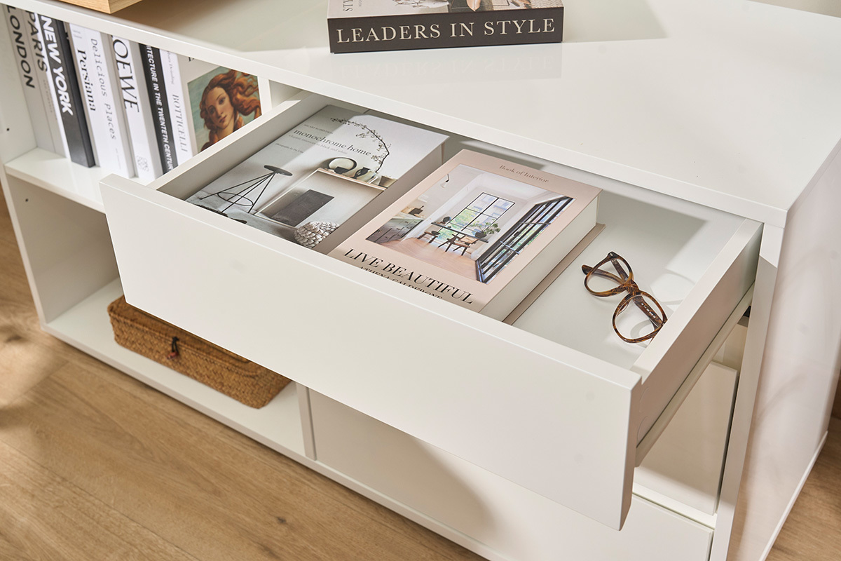 Bureau modulable design blanc brillant et bois clair fr�ne L160-235 cm NEW MAX