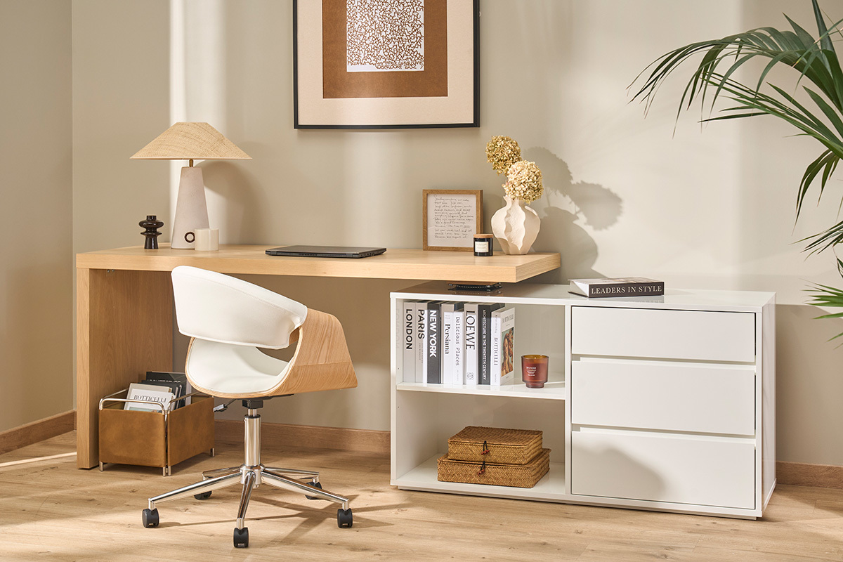Bureau modulable design blanc brillant et bois clair fr�ne L160-235 cm NEW MAX
