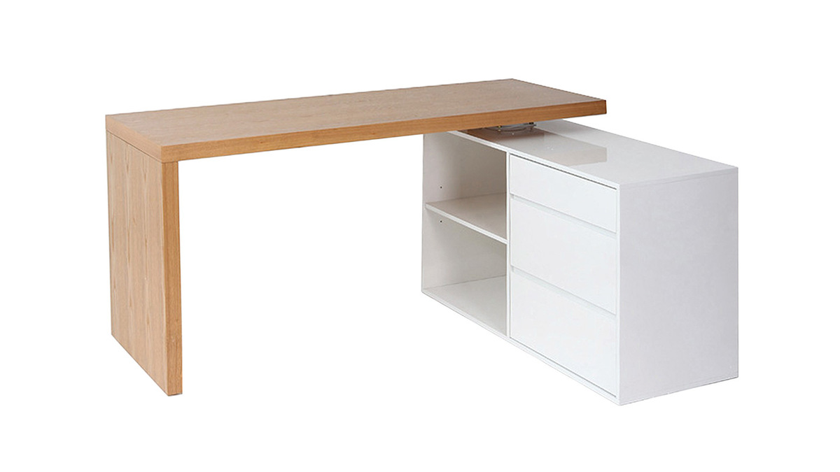 Bureau modulable design blanc brillant et bois clair L160-235 cm NEW MAX