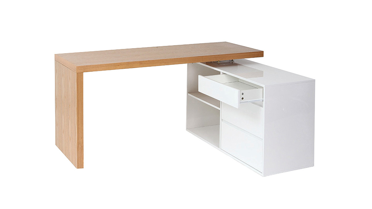 Bureau modulable design blanc brillant et bois clair L160-235 cm NEW MAX